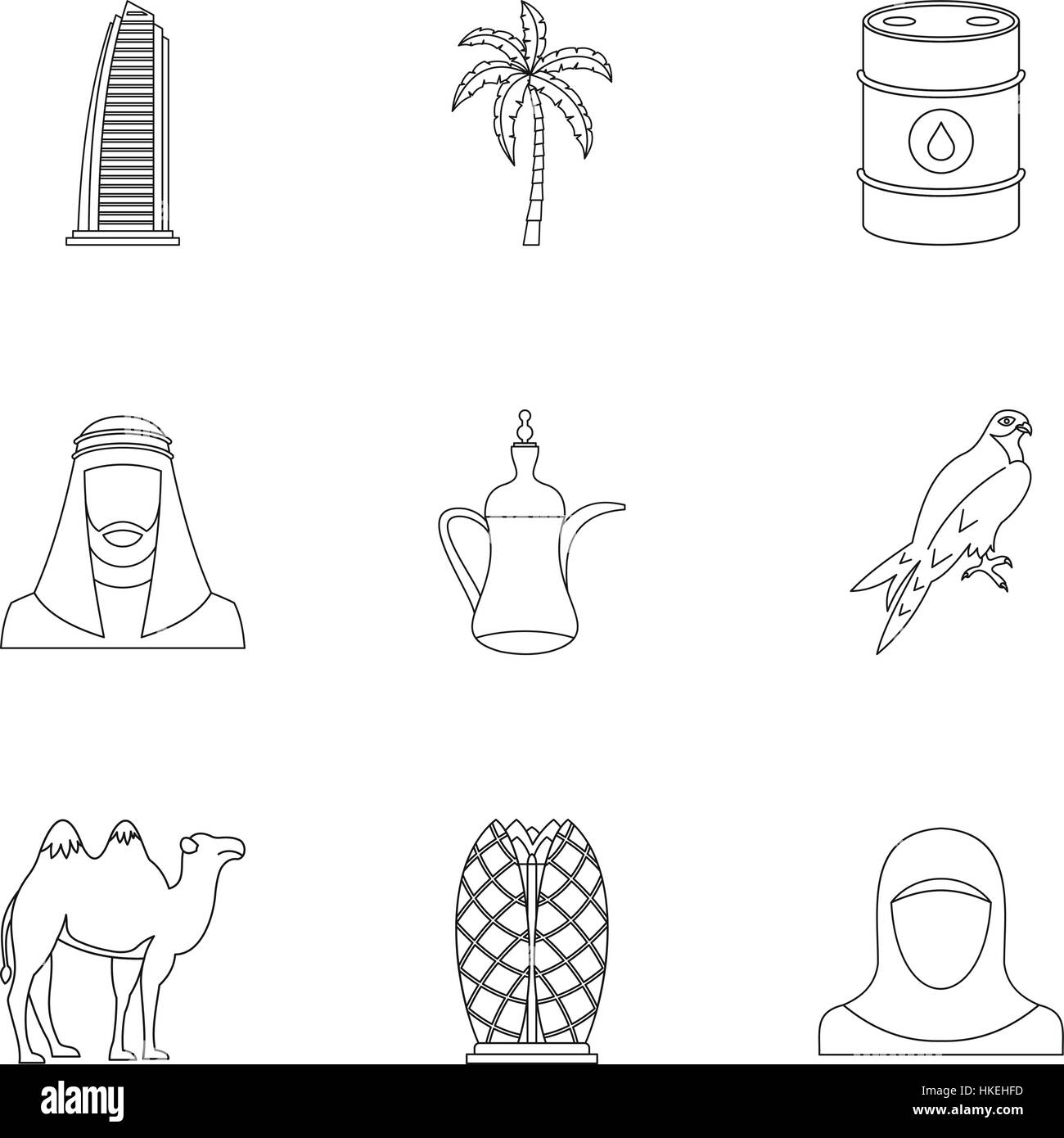 UAE country icons set. Outline illustration of 9 UAE country vector icons for web Stock Vector