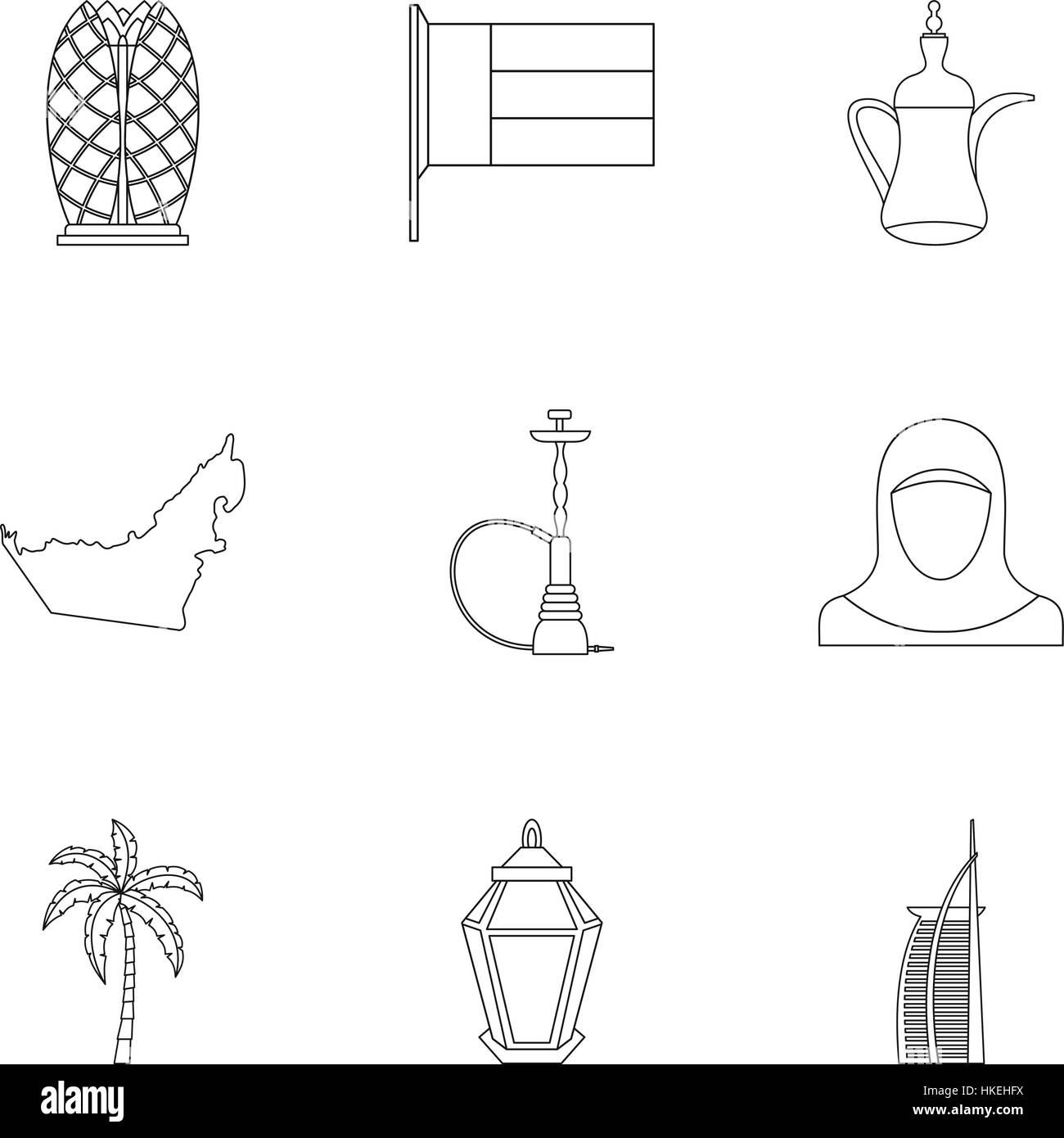 Tourism in UAE icons set. Outline illustration of 9 tourism in UAE vector icons for web Stock Vector