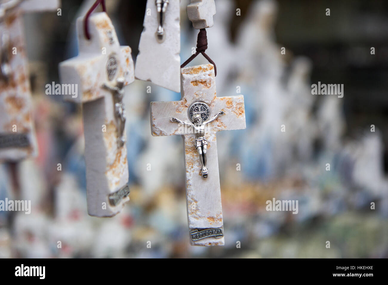 Medjugorje, Bosnia and Herzegovina, 2016/11/12. Marble cross of a rosary. Stock Photo