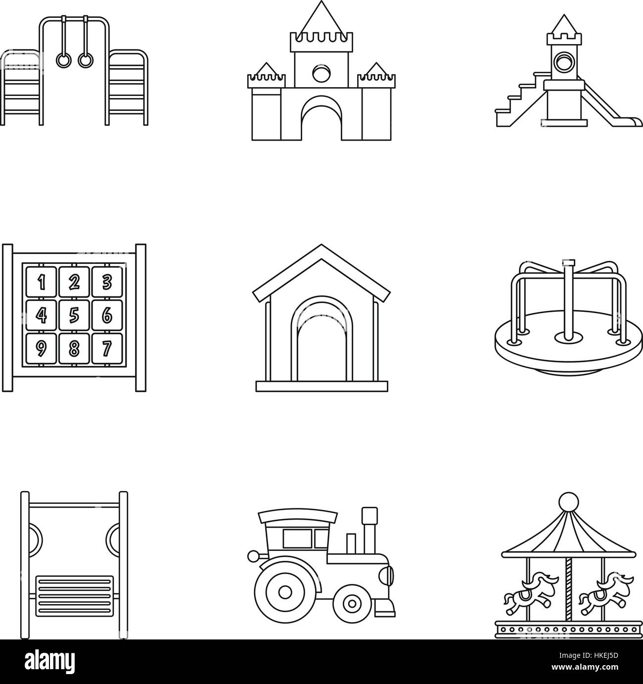 Children rides icons set. Outline illustration of 9 children rides ...