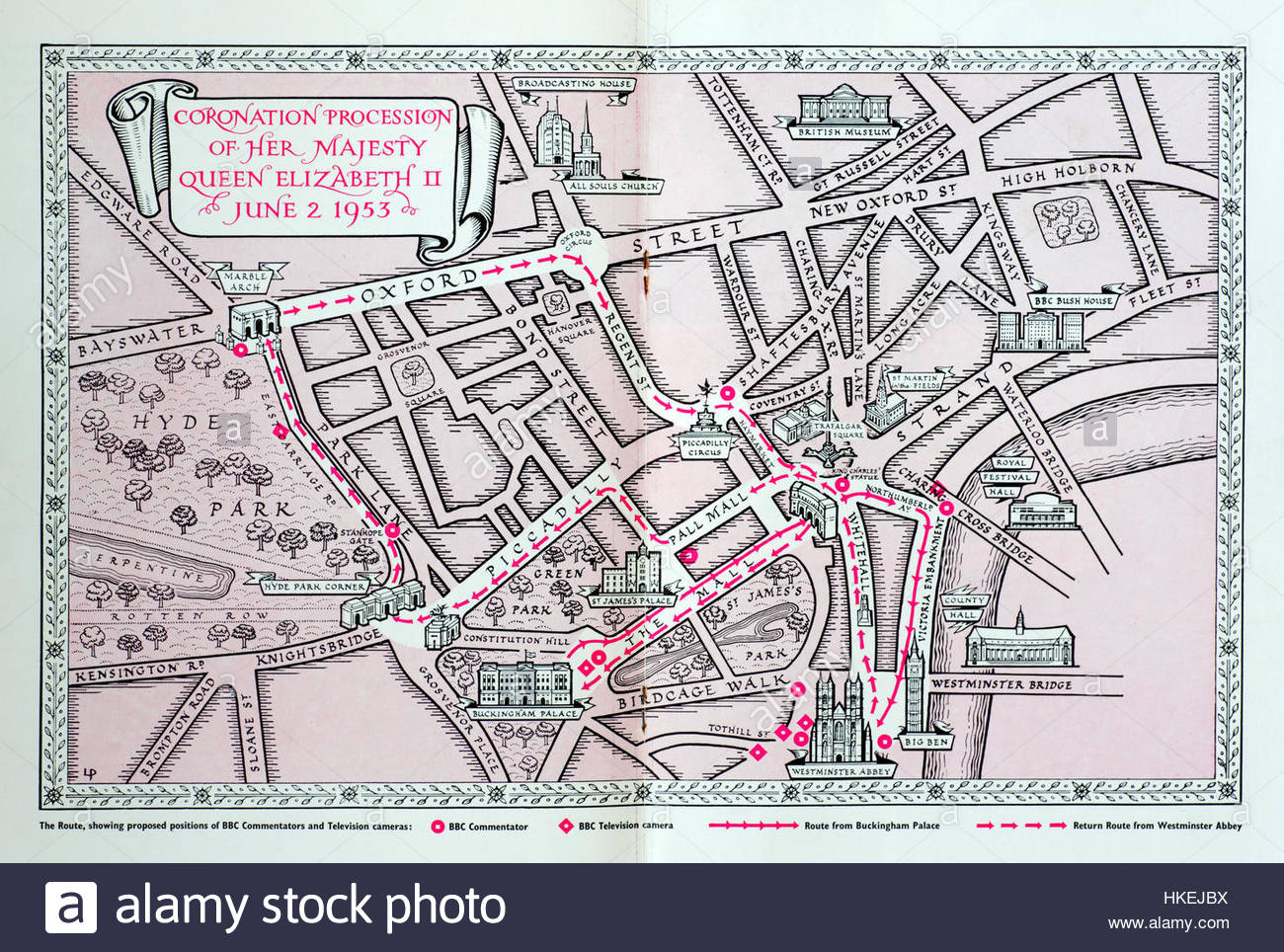 Route Map of the Coronation procession of Queen Elizabeth 2nd, June 2nd 1953 Stock Photo