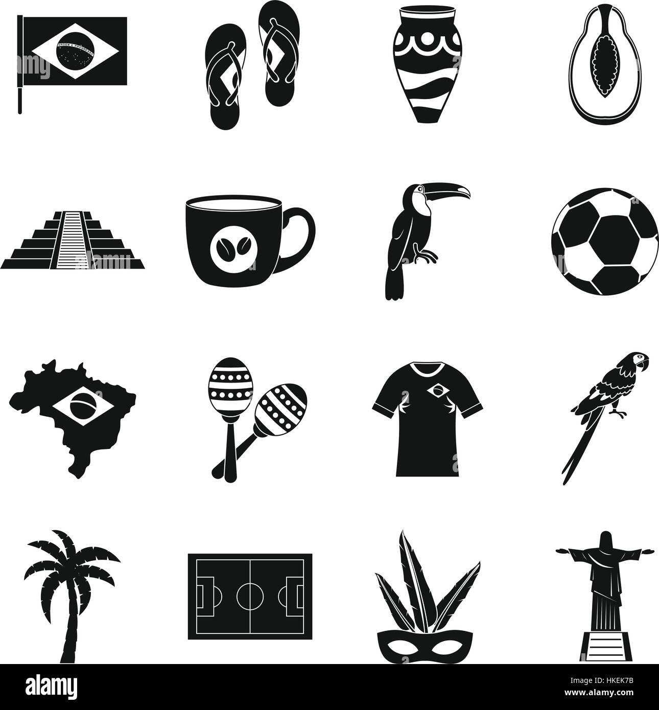 Brazil travel symbols icons set. Simple illustration of 16 Brazil travel symbols vector icons for web Stock Vector