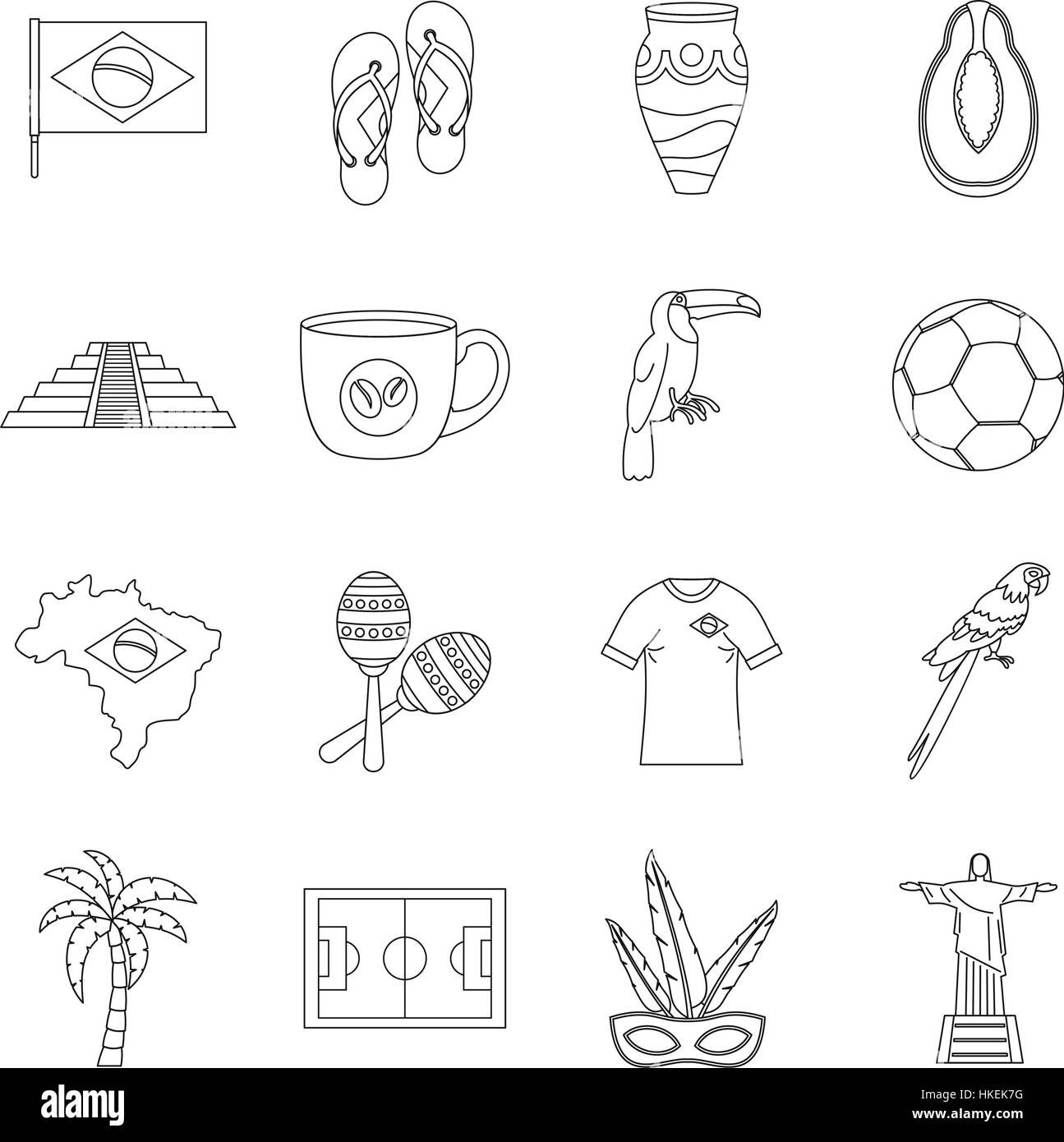 Brazil travel symbols icons set. Outline illustration of 16 Brazil travel symbols vector icons for web Stock Vector