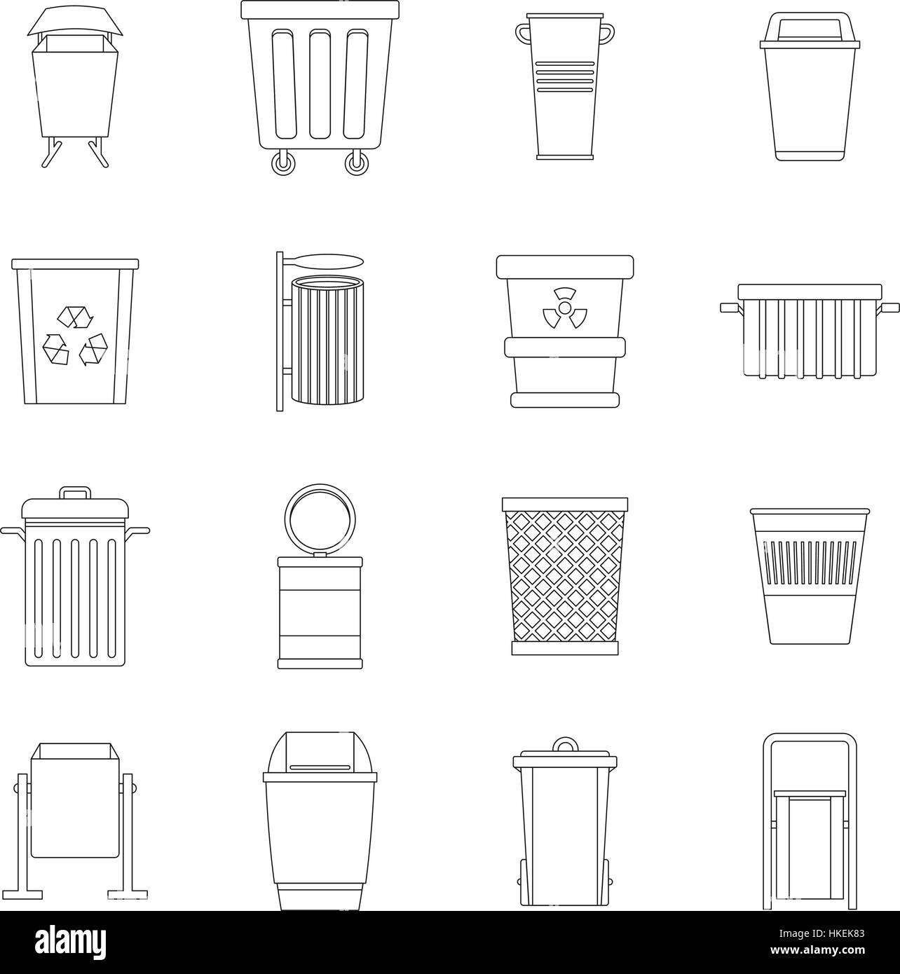 Garbage container icons set. Outline illustration of 16 garbage ...