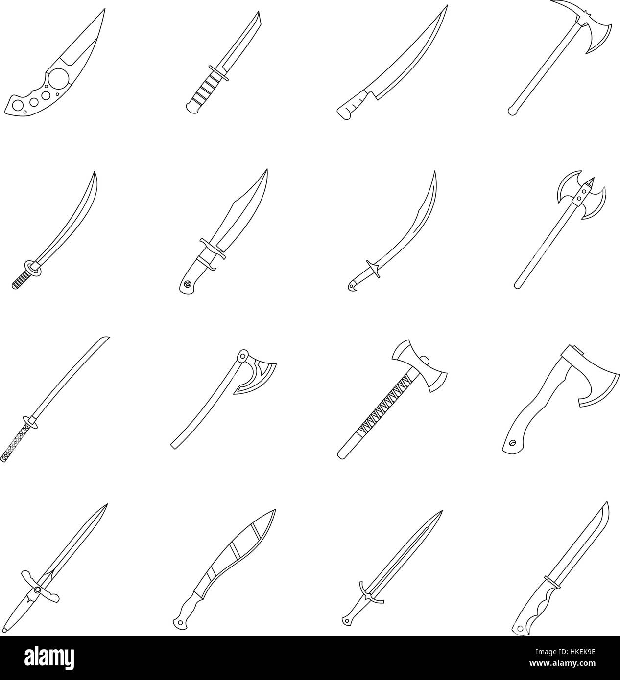 Steel arms symbols icons set. Outline illustration of 16 steel arms