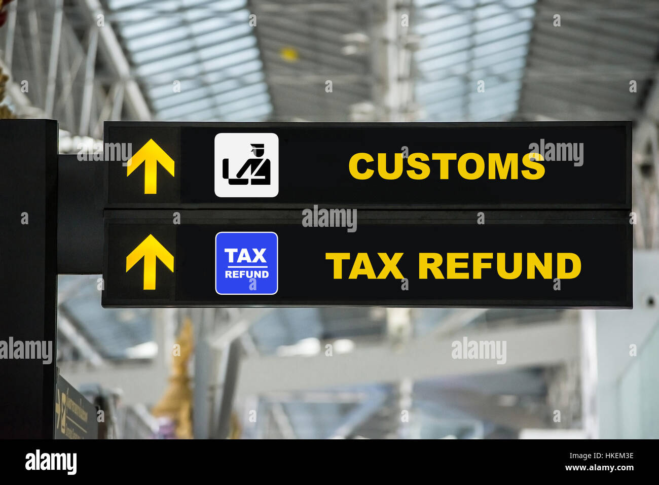 Airport Tax refund and customs sign in terminal at airport Stock Photo