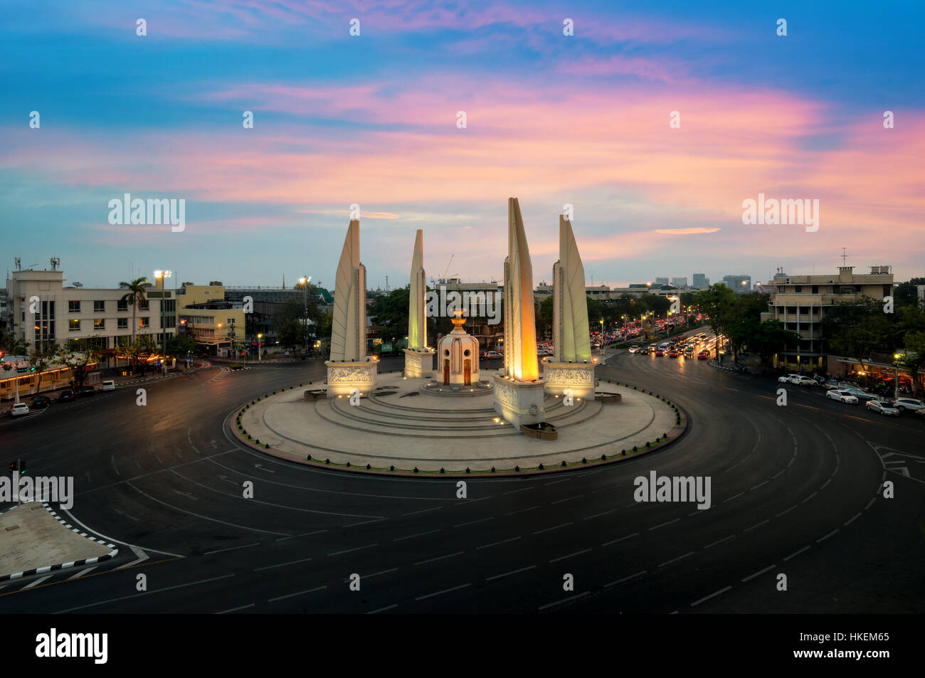 The Democracy Monument at twilight time at Bangkok,Thailand Stock Photo