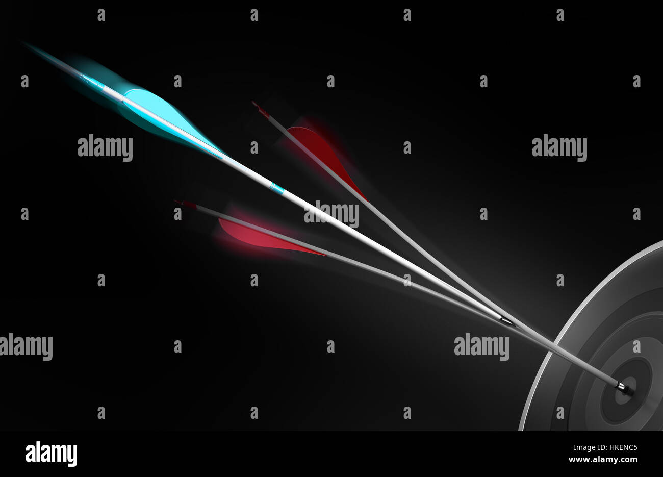 3D illustration of arrow splitting another one in the center of a target, Business performance or Marketing strategy concept, horizontal image. Stock Photo