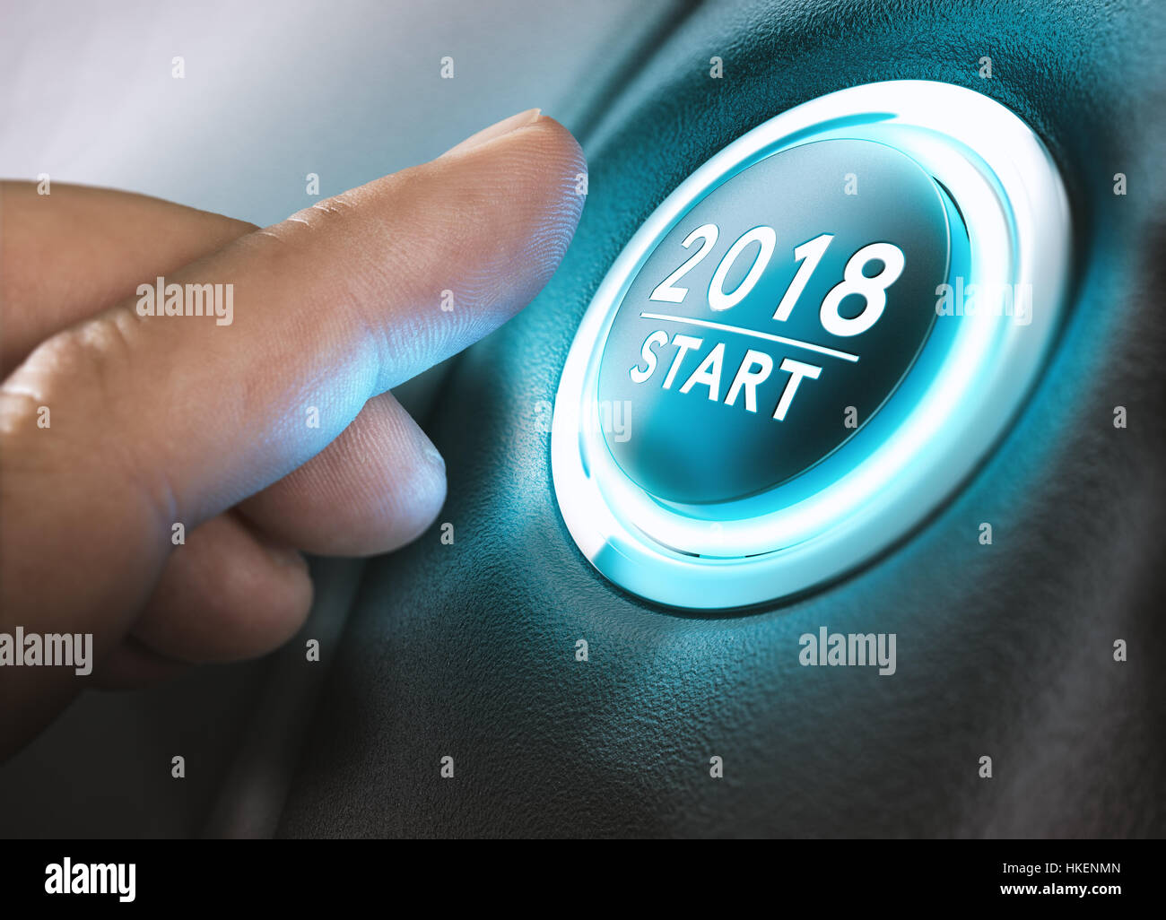 Hand pressing a 2018 start button. Concept of new year, two thousand eighteen. Composite between a photography and a 3D background. Horizontal image Stock Photo