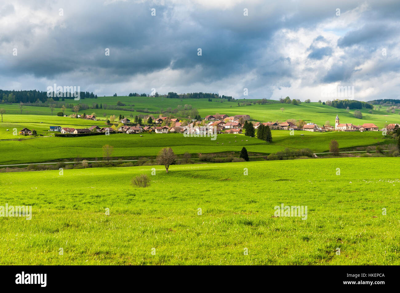 The village of Saint-Antoine far off (north-eastern France) and its surrounding countryside. Stock Photo
