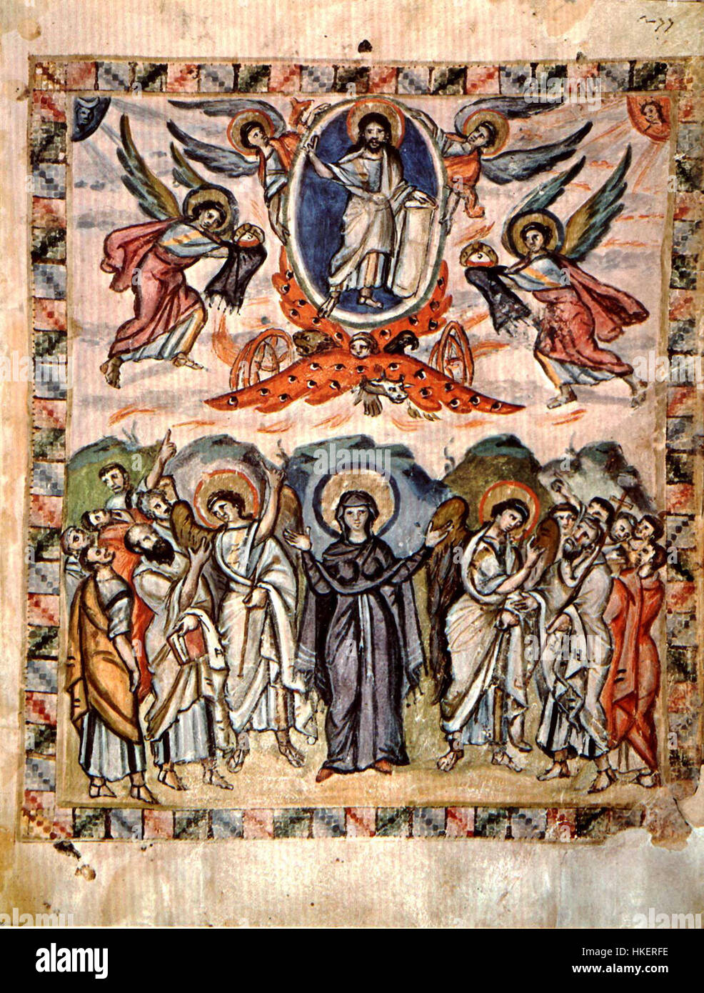 Folio 13v of the Rabula Gospels illustrates the Ascension of Christ, a ...