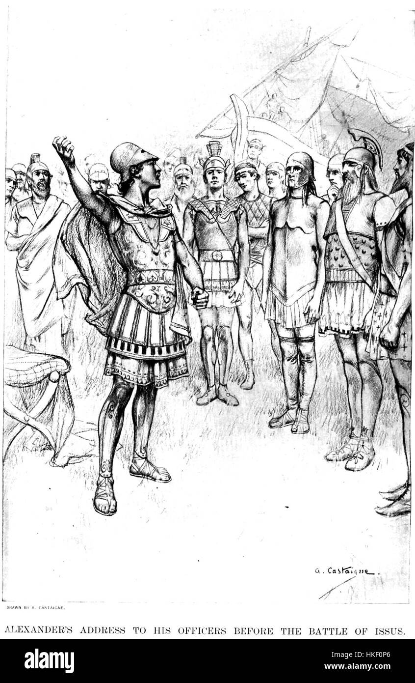 Alexander addresses his officers before the battle of Issus by Andre Castaigne (1898 1899) Stock Photo