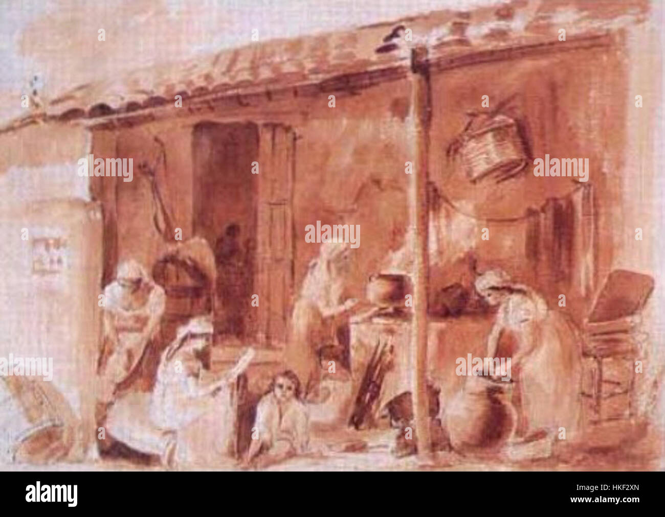 Camille Pissarro’s painting 'Cocina al aire libre' (Outdoor Kitchen) showcases the rustic charm of rural life with a depiction of a kitchen in an outdoor setting. The work reflects Pissarro's connection to nature and his focus on rural scenes in his later works. Stock Photo