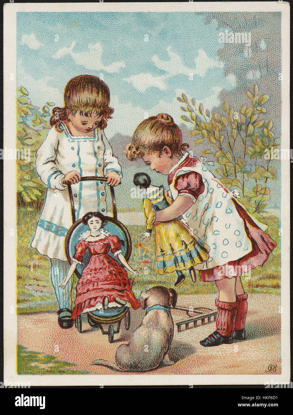 Two girls and a dog, one holding a doll, looking at another doll in a stroller. Stock Photo