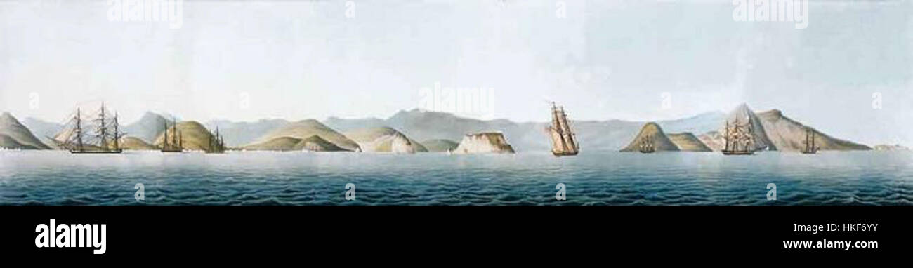 This 19th-century painting by *Henry Chamberlain* captures a view of the eastern side of the Port of Rio de Janeiro, reflecting the bustling maritime activity and scenic beauty of the harbor during the period. Stock Photo