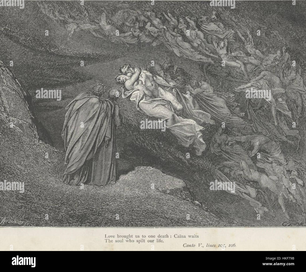 A depiction from Dante’s Inferno, Canto 5, lines 105-106, showing the ...
