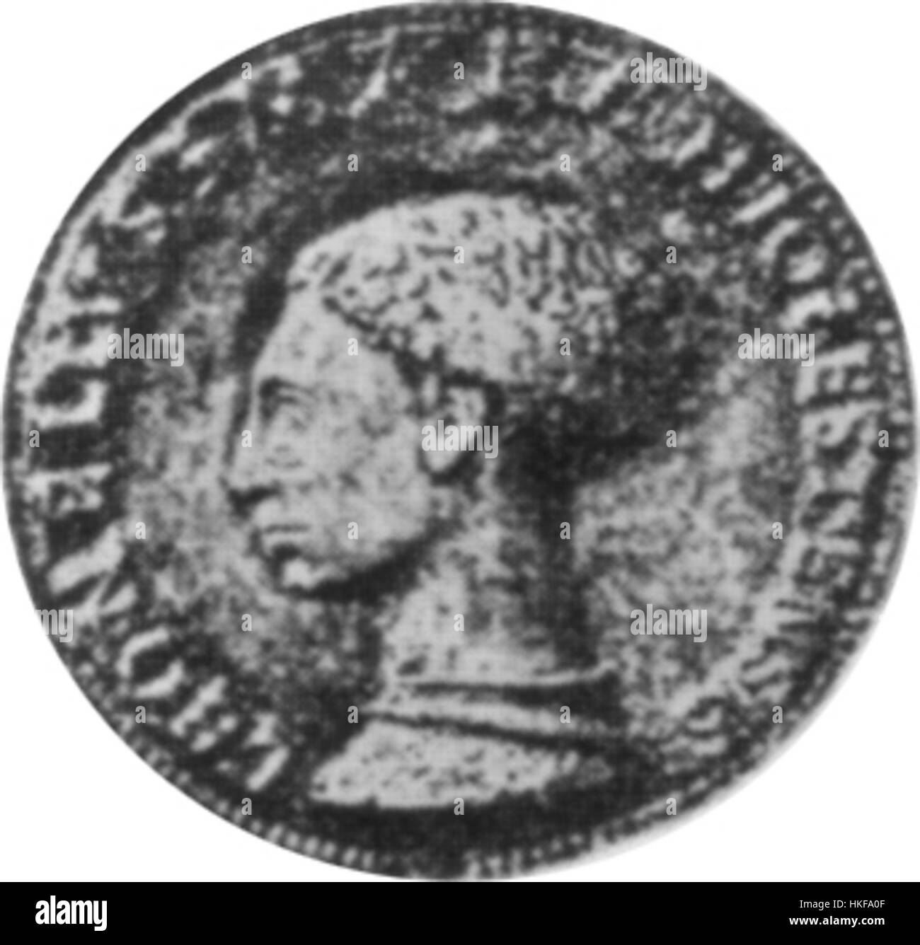 This historical medal, the 'Medaglia di Lionello d'Este,' measures 4.2 cm and is a relic from the Renaissance period. It is a key piece in Italian numismatic history. Stock Photo
