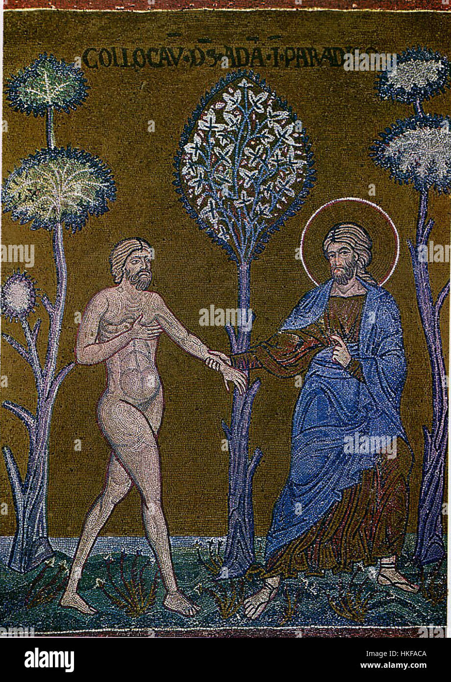 This artwork illustrates the biblical scene of Adam entering the Garden ...