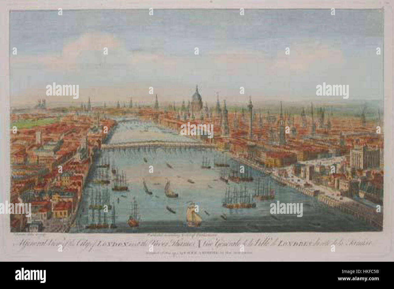 This 1751 panoramic view of London by T. Bowles provides a historical representation of the city, showcasing its architecture and urban life during the 18th century. Stock Photo