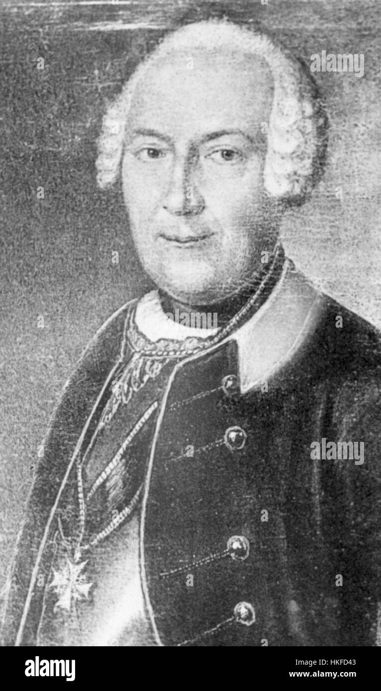 This historical portrait of Nikolaus Lorenz von Puttkamer, a Prussian nobleman, exemplifies 18th-century European portraiture. The painting captures his aristocratic features, emphasizing his role in the Prussian court during his lifetime. Stock Photo