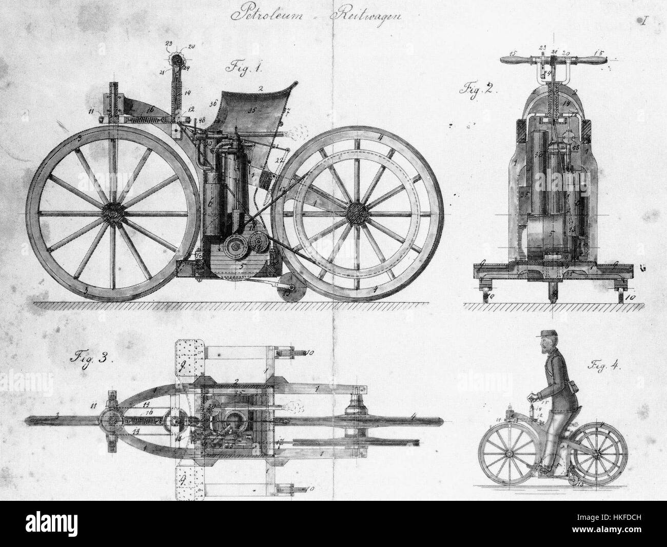 The Reitwagen is an early 19th-century wooden horse-drawn vehicle considered a precursor to the bicycle. It was designed to be ridden by a person and used for transportation, offering insight into early attempts at mechanized personal transport. This design represents the beginning stages of modern cycling technology. Stock Photo