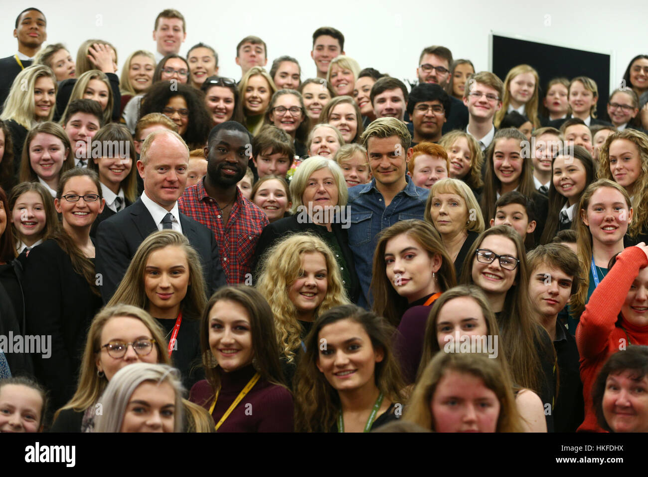 Orlando Bloom and Paapa Essiedu and Patsy Rodenburg whilst attending the Laurus Trust launch held at Cheadle Hulme High School, Cheadle Hulme, Cheadle. The Trust has co-created its own Curriculum with Patsy Rodenburg, and two of her former pupils - Orlando Bloom and Paapa Essiedu - who are helping run workshops along with the Royal Shakespeare Company - showcasing the ethos and type of work that will be embedded in Laurus Trust schools. Stock Photo