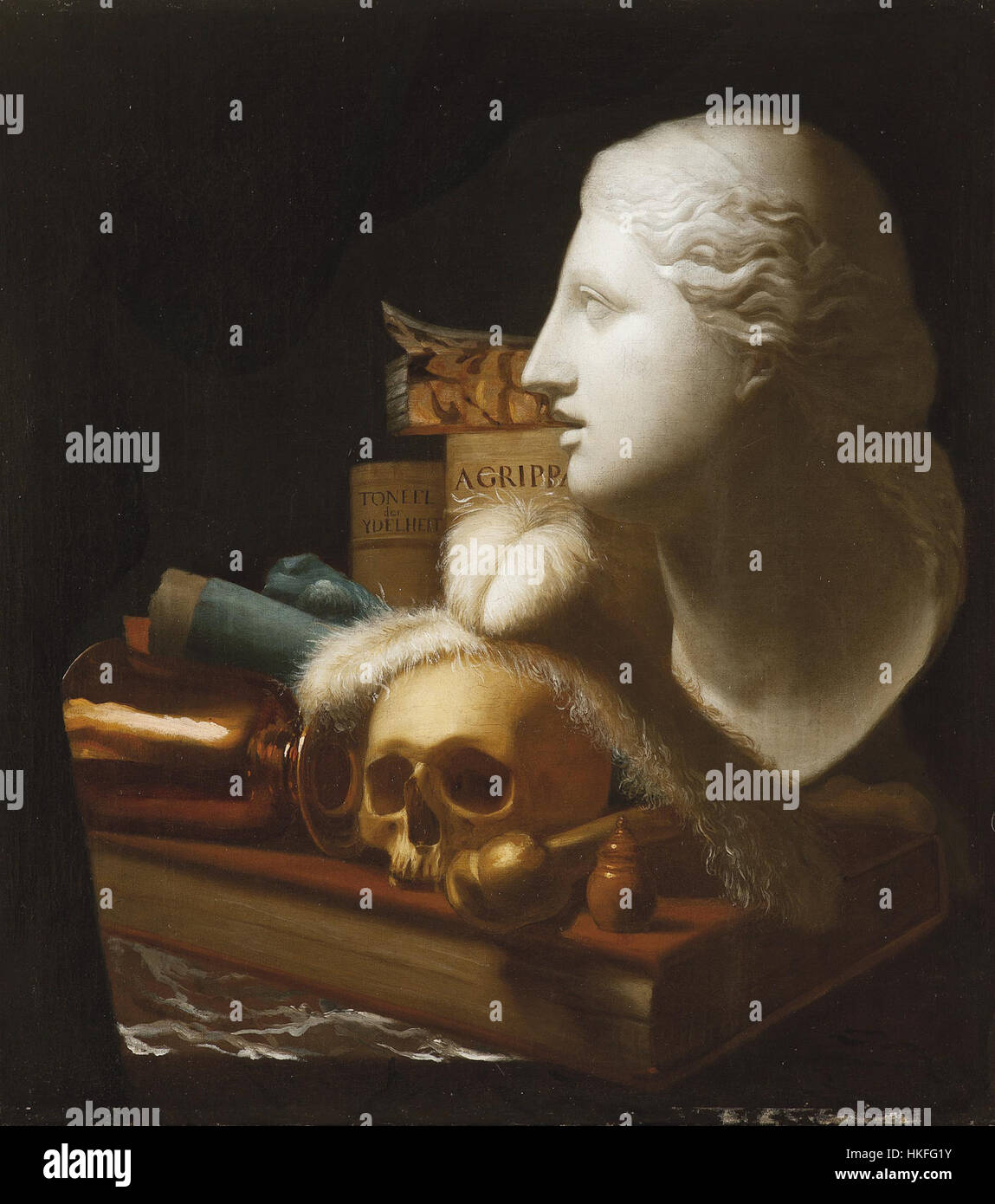 The 'Vanitas' painting from the 17th century symbolizes the fleeting nature of life, depicting skulls, rotting fruit, and other elements associated with mortality. This piece reflects the 'Vanitas' genre, which reminds viewers of the inevitability of death and the transience of earthly pleasures. Stock Photo