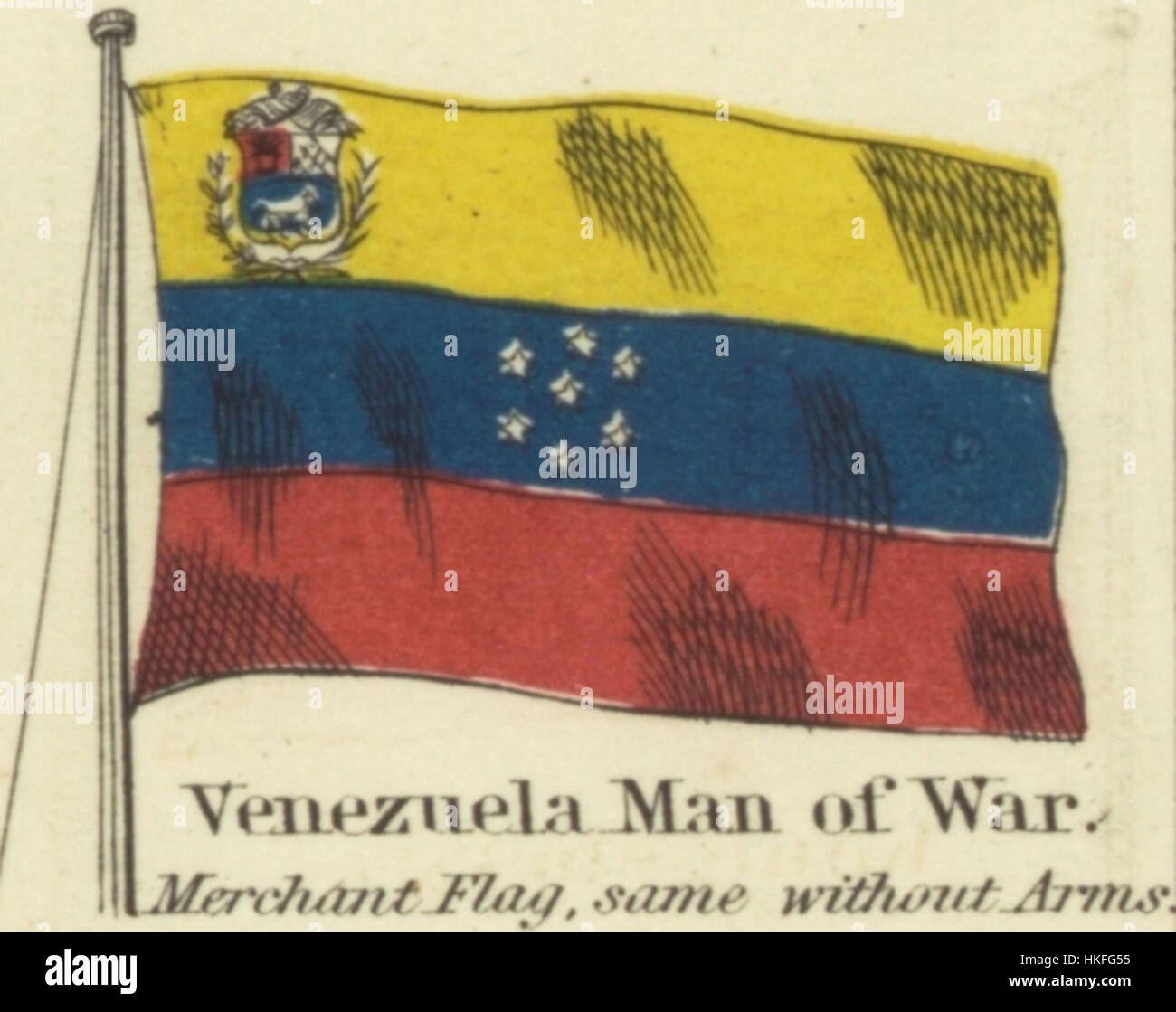 This image of Venezuela's 'Man of War' emblem is from Johnson's 1868 chart of national emblems. It showcases the symbol of Venezuela, an important part of its national identity and historical representation. Stock Photo