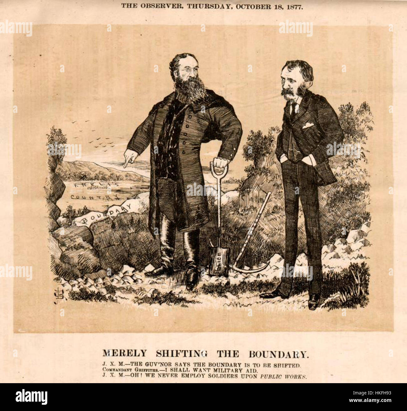 This artwork, 'The Observer PE Cape Colony 1877,' depicts a historical scene set in Cape Colony in 1877. It captures the atmosphere of the period and offers insights into the life and environment of the region during colonial times. Stock Photo