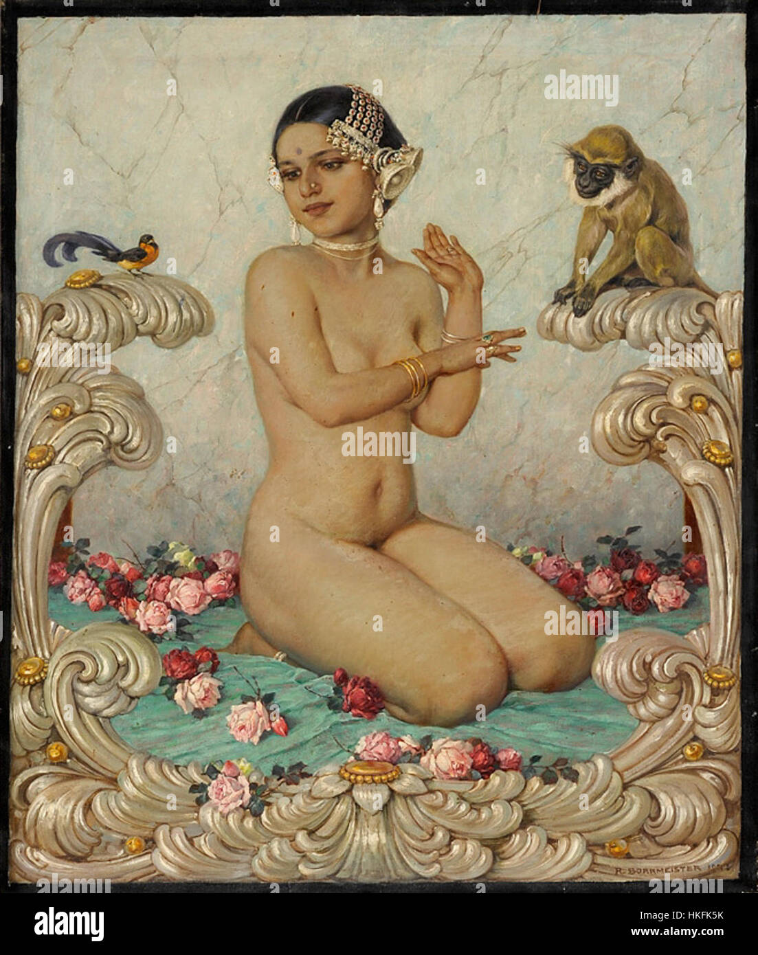 'Indische Prinzessin,' painted by Richard Borrmeister in 1888, presents an Indian princess in a richly detailed and colorful composition. The artwork captures the opulence and cultural elements of the era, offering a glimpse into 19th-century European interpretations of Eastern subjects. Stock Photo