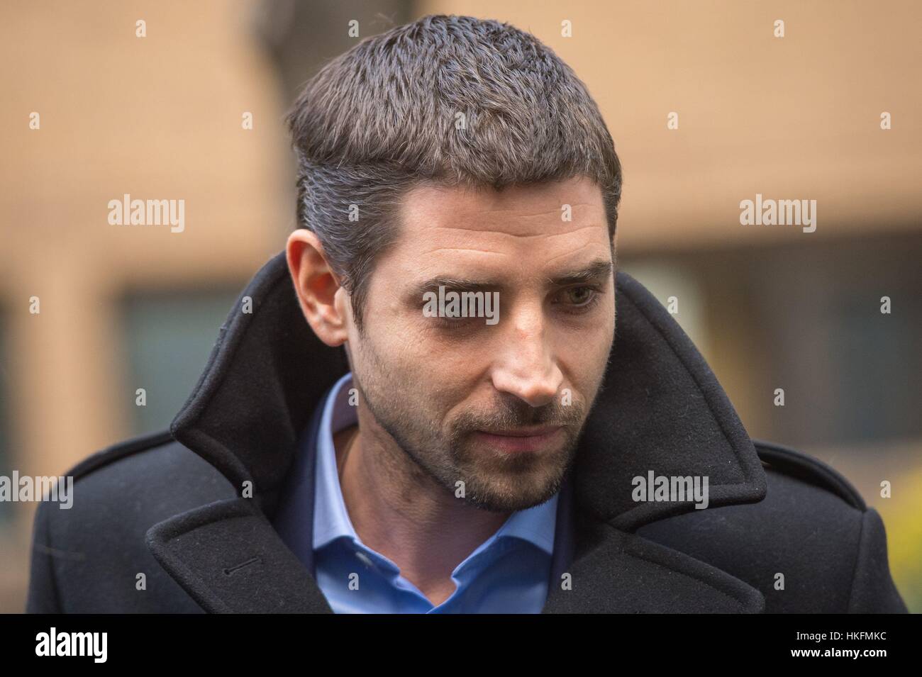 Carl Hirschmann leaves Southwark Crown Court, in central London, where he has been spared jail after attacking a customer at his Mayfair club The Scotch of St James. Stock Photo