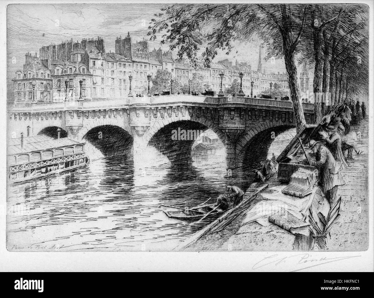 This painting depicts the iconic Pont Neuf in Paris, one of the city's oldest and most famous bridges. The artist captures the architectural grandeur and historical significance of the structure, showcasing its enduring presence in Parisian life. Stock Photo