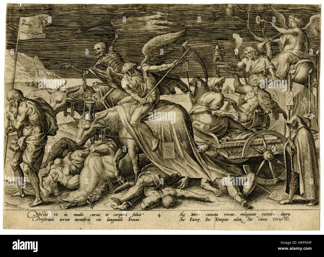 This painting, titled 'Death with the Last Judgement,' presents a vivid depiction of the dramatic and symbolic moment of judgment in the afterlife. The scene typically involves themes of mortality, divine judgment, and the fate of souls, a common subject in religious art. Stock Photo