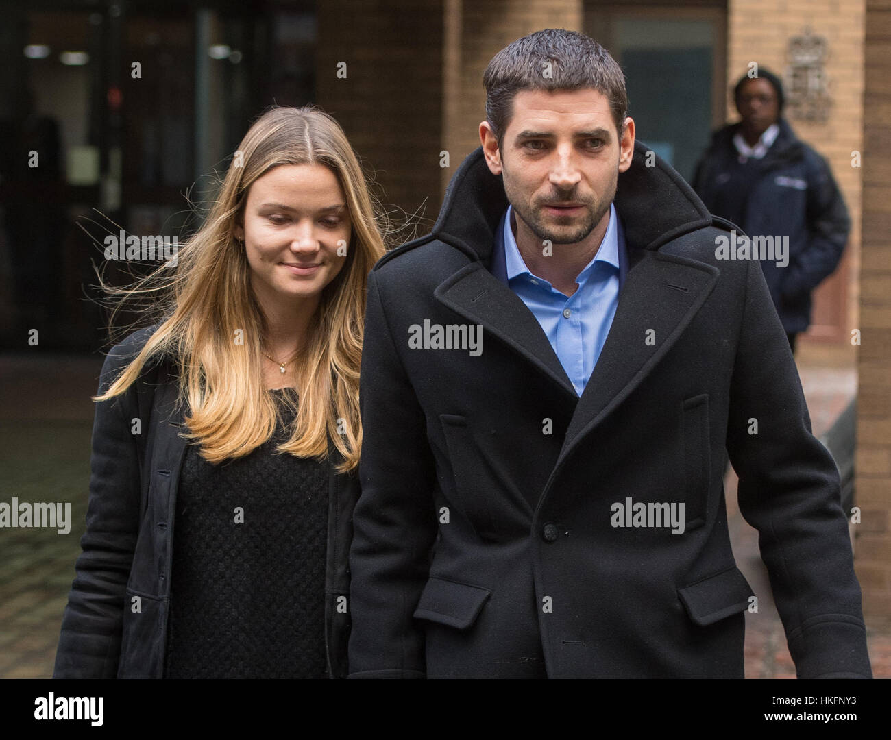 Carl Hirschmann leaves Southwark Crown Court with fiance Fiammetta Cicogna, in central London, where he has been spared jail after attacking a customer at his Mayfair club The Scotch of St James. Stock Photo