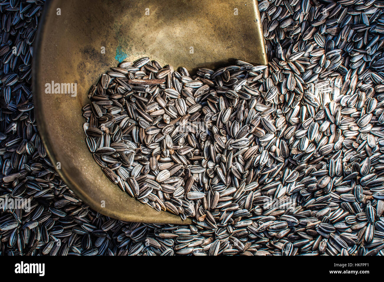 Sunflower seeds in soft light with brass bowl Stock Photo