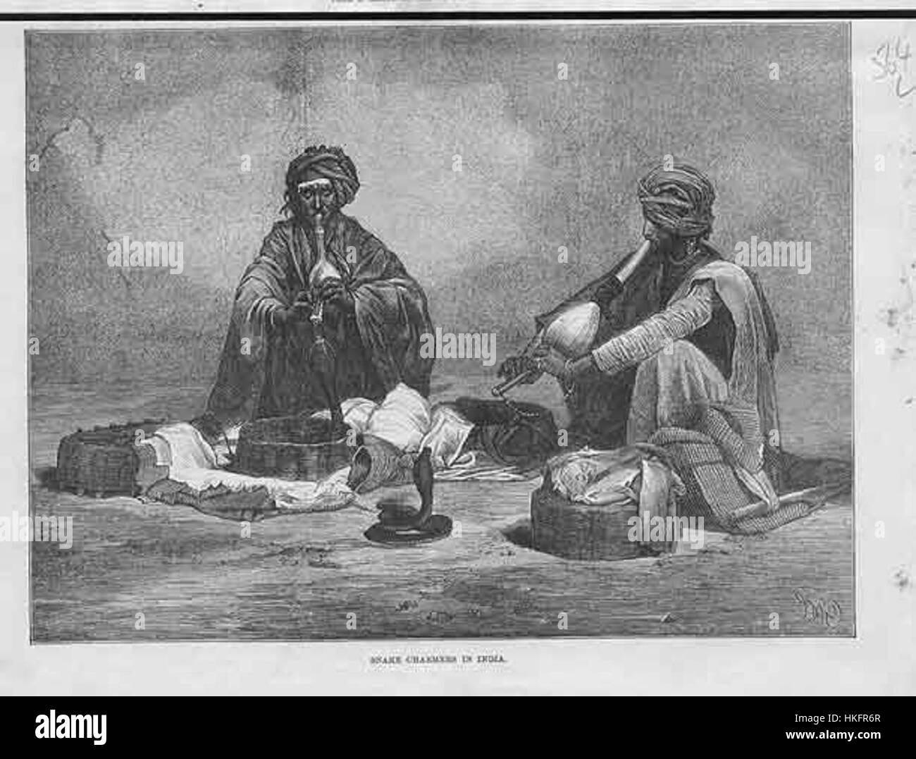 This artwork depicts a traditional scene of snake charmers in India ...