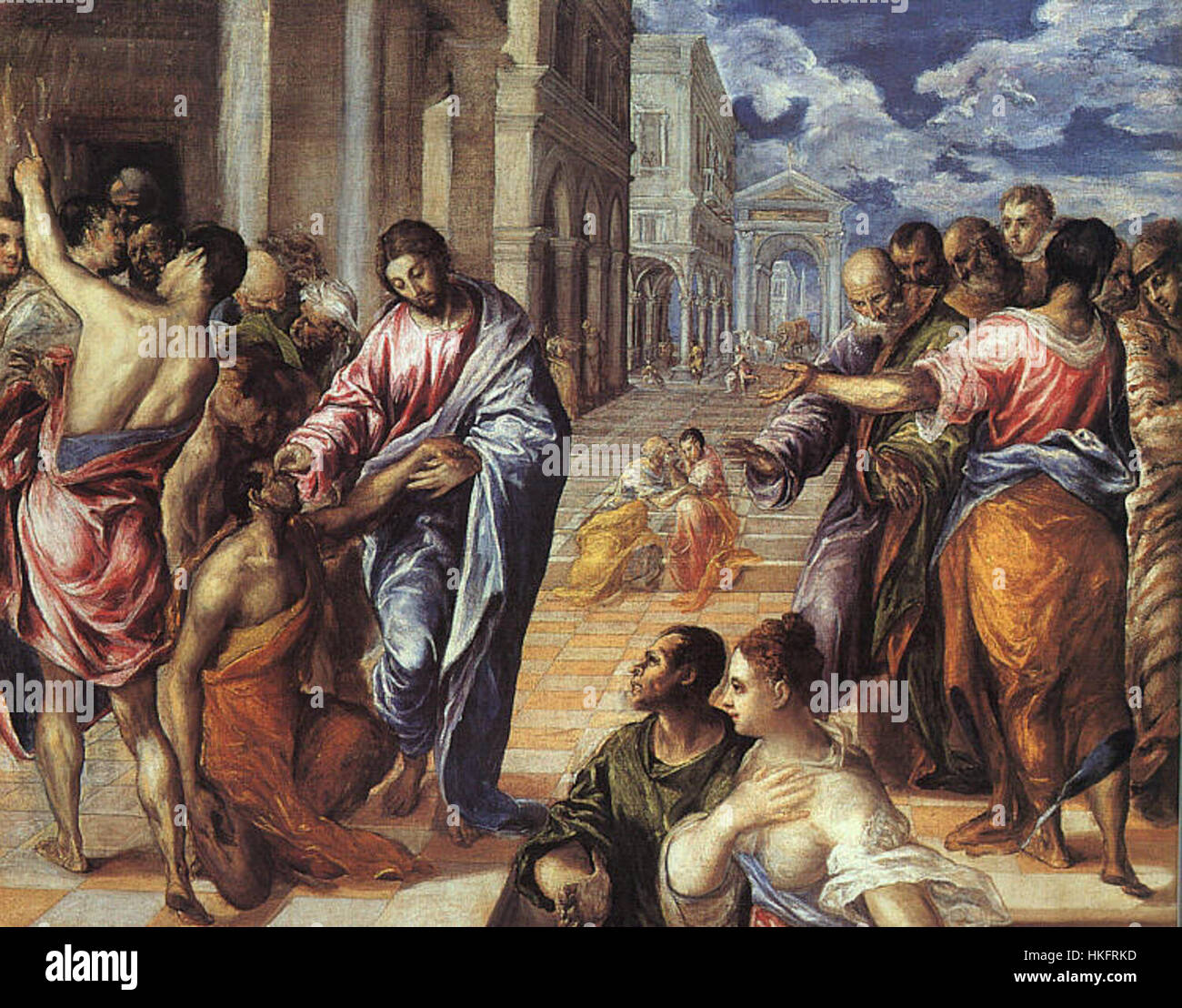 El Greco's 'Christ Healing the Blind' (1570) is a religious painting depicting Christ’s compassionate act of healing. The dramatic use of light and shadow highlights the spiritual and emotional impact of the scene. Stock Photo