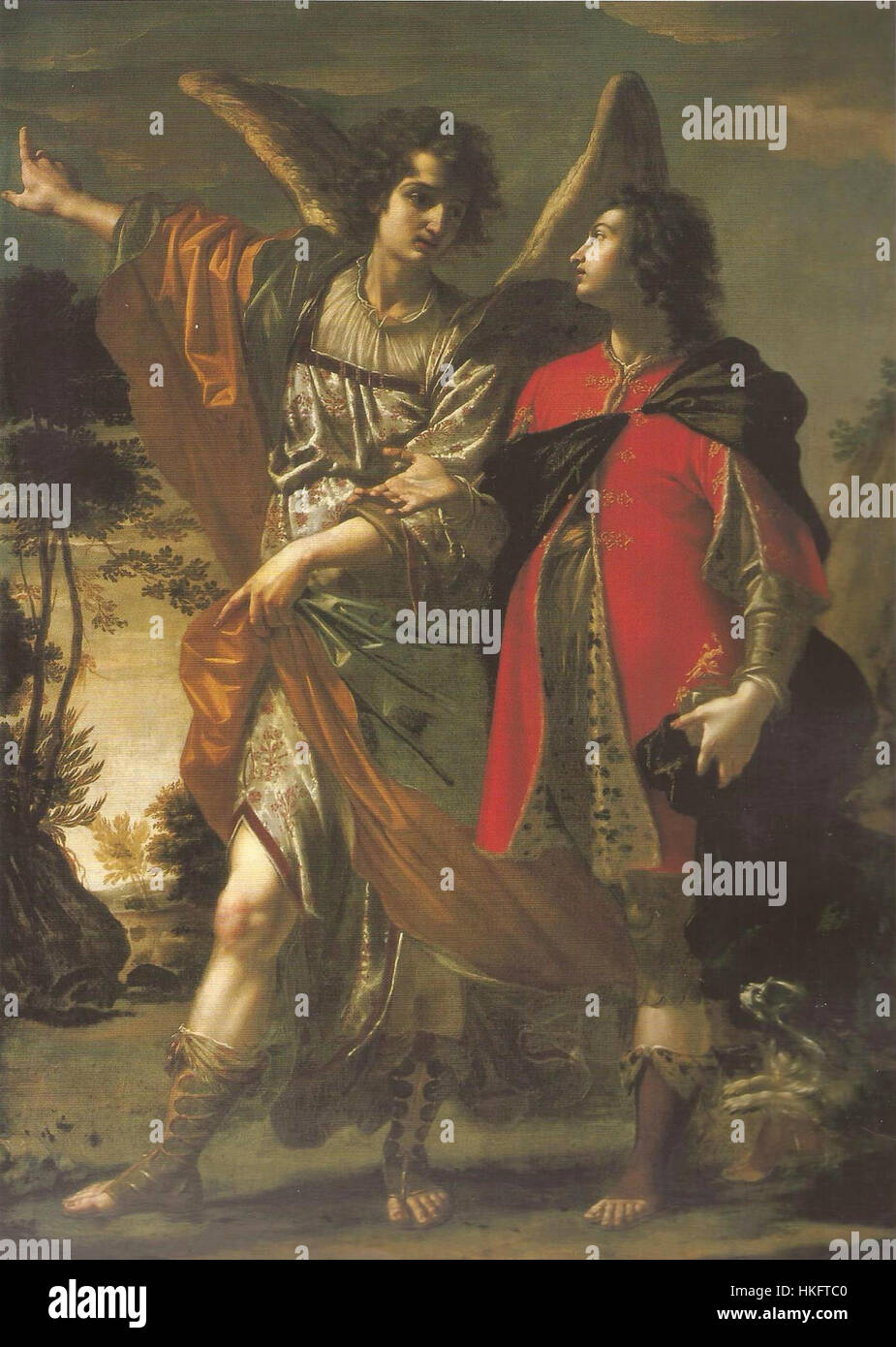 This oil painting, 'Tobie et l'Archange Raphael,' depicts the biblical scene of Tobit and his son Tobias accompanied by the archangel Raphael. The work reflects the rich history of religious art and showcases the artist's ability to capture the divine intervention in the narrative, highlighting the figures' serene expressions and the heavenly presence of the archangel. Stock Photo