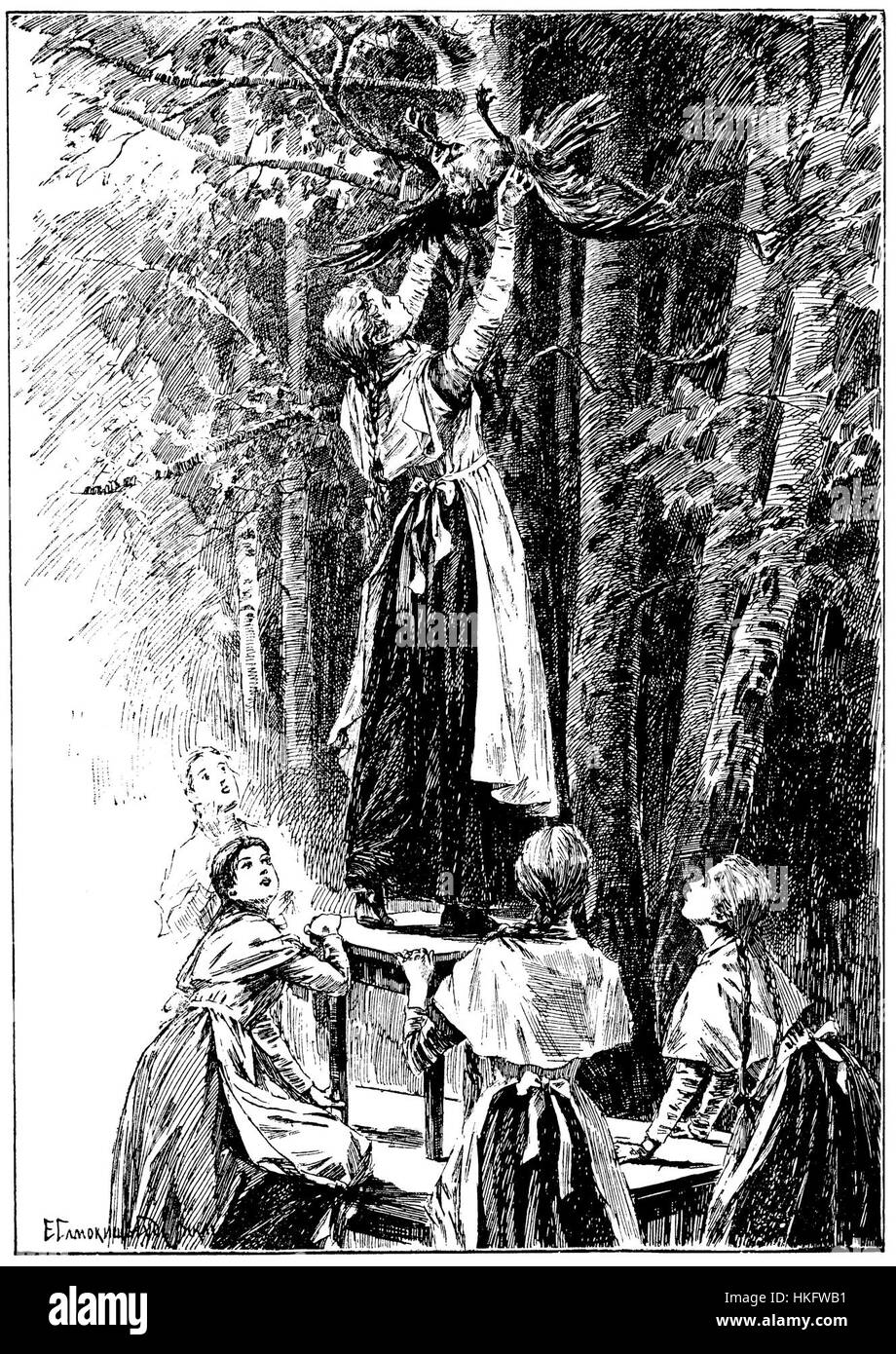 E.P. Samokish's black and white work 'Girls Rescue of Crow,' featuring Sudkovskaya and N.A. Lukhmanova, highlights the gentle act of rescuing a crow. This piece exemplifies the artists' delicate approach to portraying compassion in nature. Stock Photo