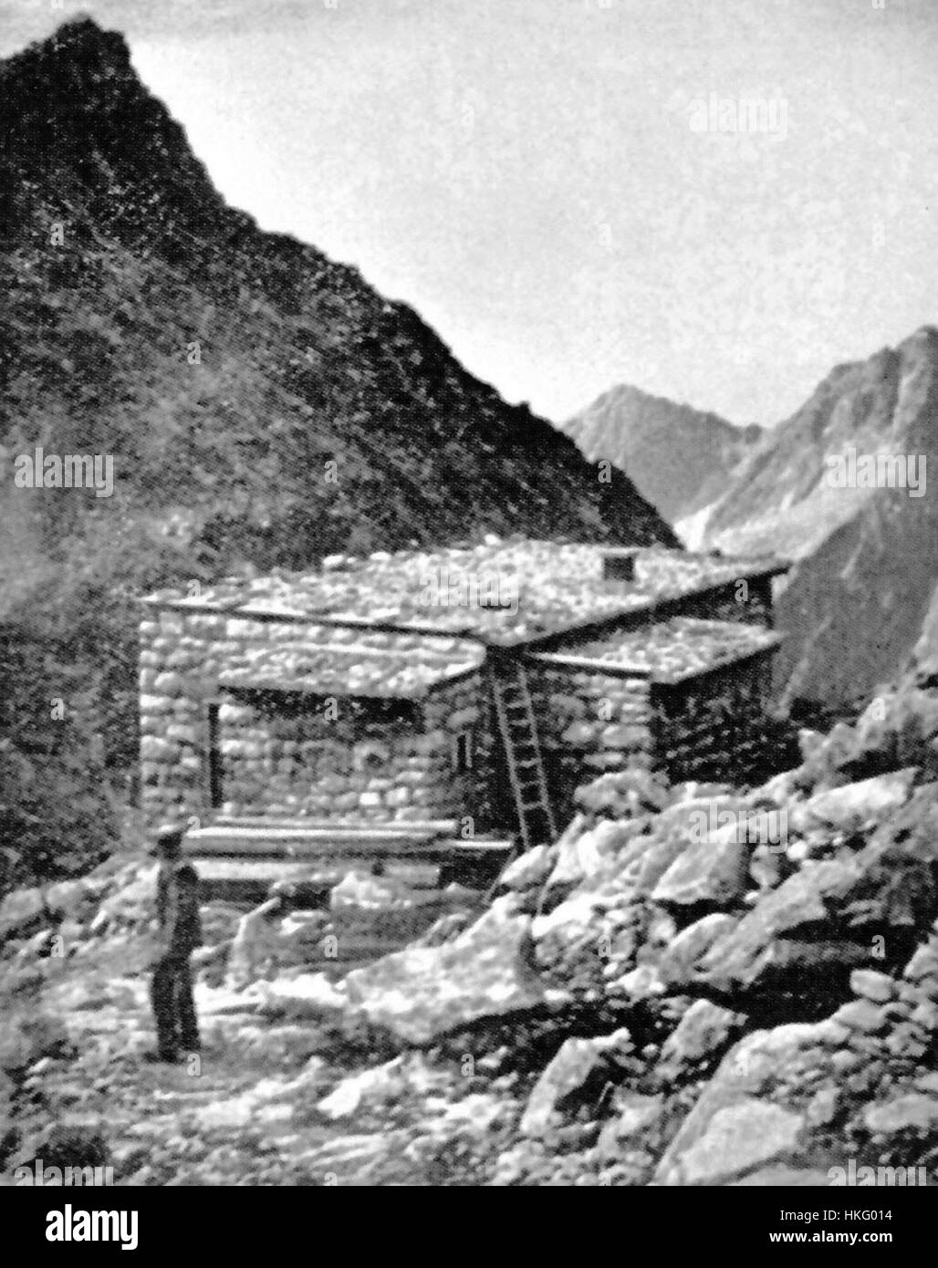 This painting depicts the *Chata pod Rysmi*, a mountain hut located in the Tatra Mountains of Slovakia. Known for its scenic surroundings and traditional architecture, the hut represents the cultural and natural heritage of the region, serving as a popular destination for hikers and outdoor enthusiasts. Stock Photo