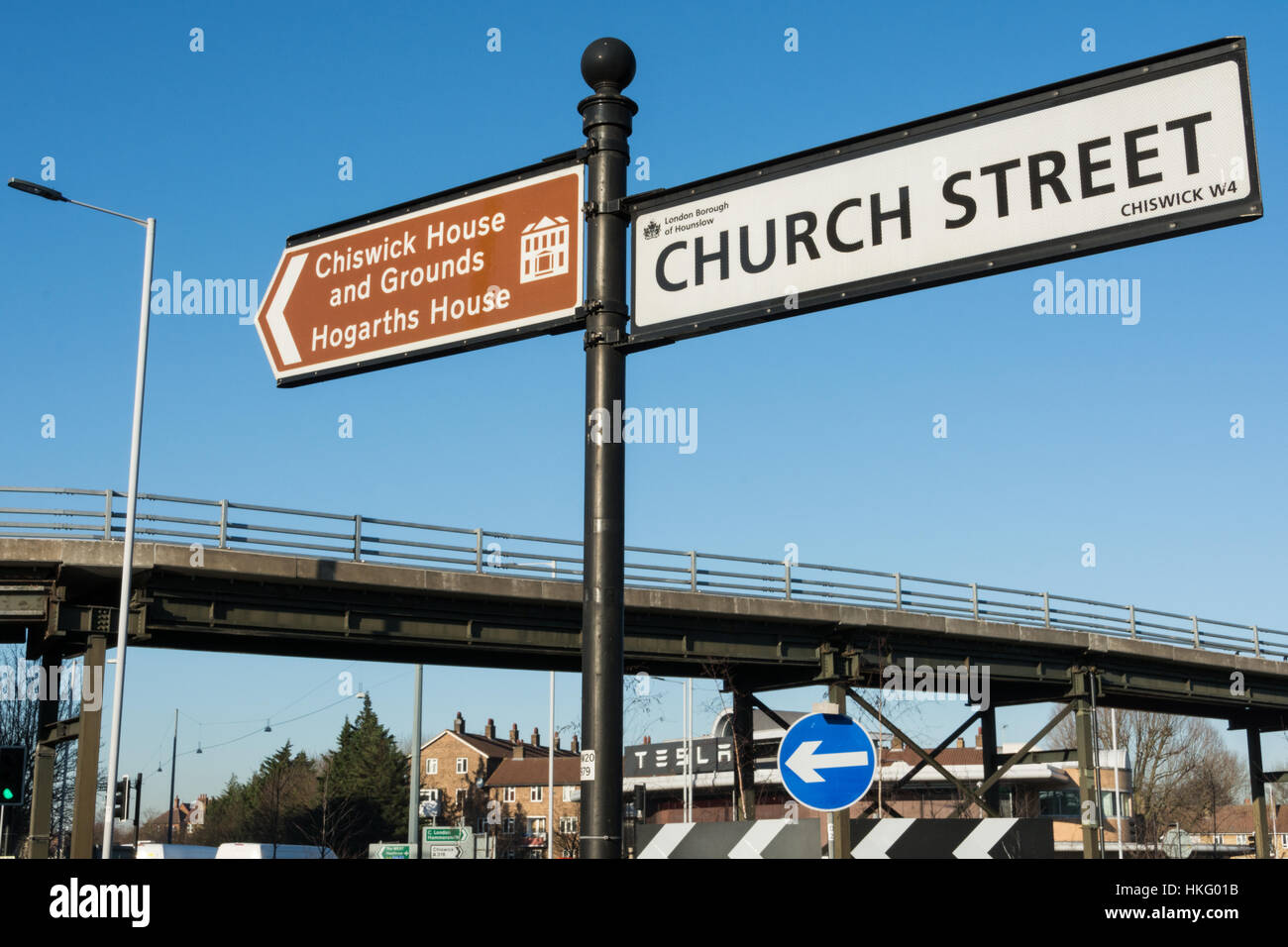 Chiswick House street sign in front of The Hogarth Roundabout and flyover in Chiswick, SW London. Stock Photo