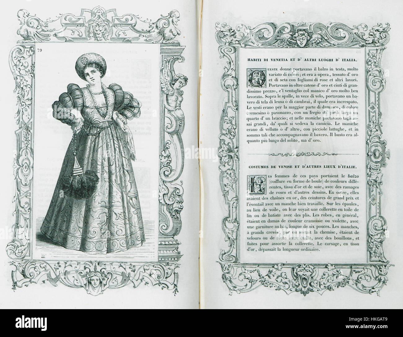 'Habiti di Venetia et d'altri luoghi d'Italia' by Cesare Vecellio (1860) offers a vivid portrayal of traditional Venetian and Italian clothing, providing insight into 19th-century fashion. Stock Photo