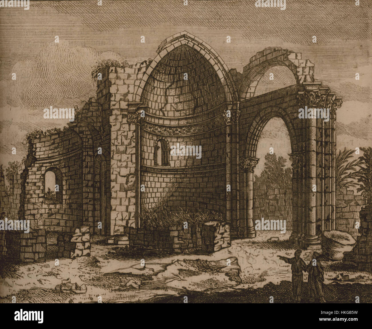 Cornelis de Bruyn's painting shows the remains of the Church of Saint George in Lydda (Lod). The artwork captures the historic ruins of the ancient church, showcasing the structure's grandeur and significance as a religious site in the Holy Land. Stock Photo