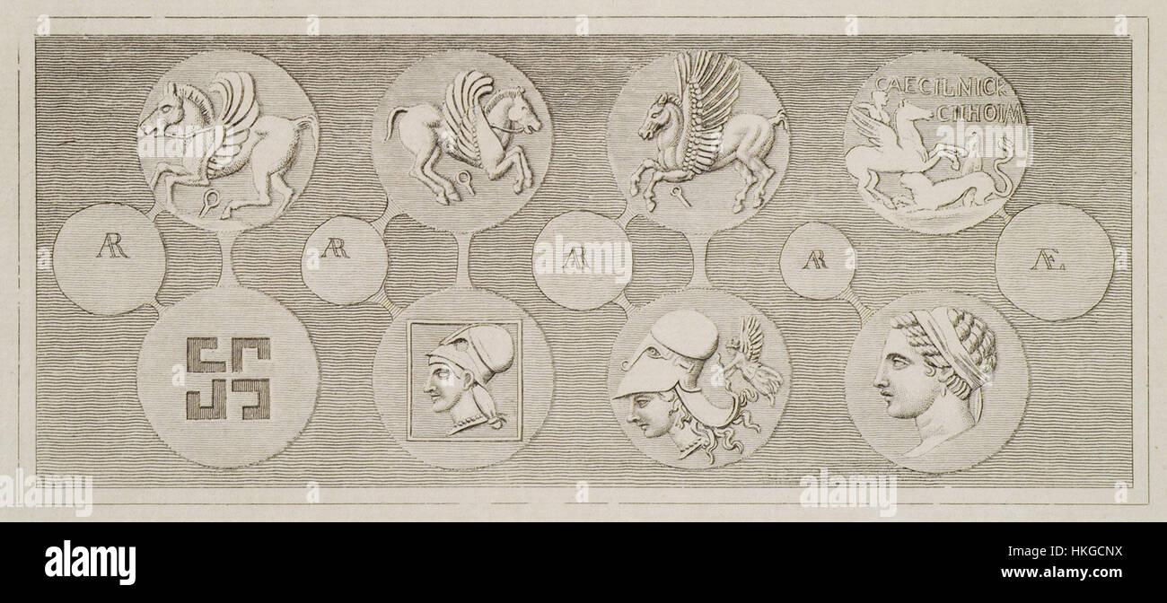 Coins of ancient Corinth showing Pegasus, Athena, Persephone, and Bellerophon killing Chimaera   Stuart James & Revett Nicholas   1794 Stock Photo