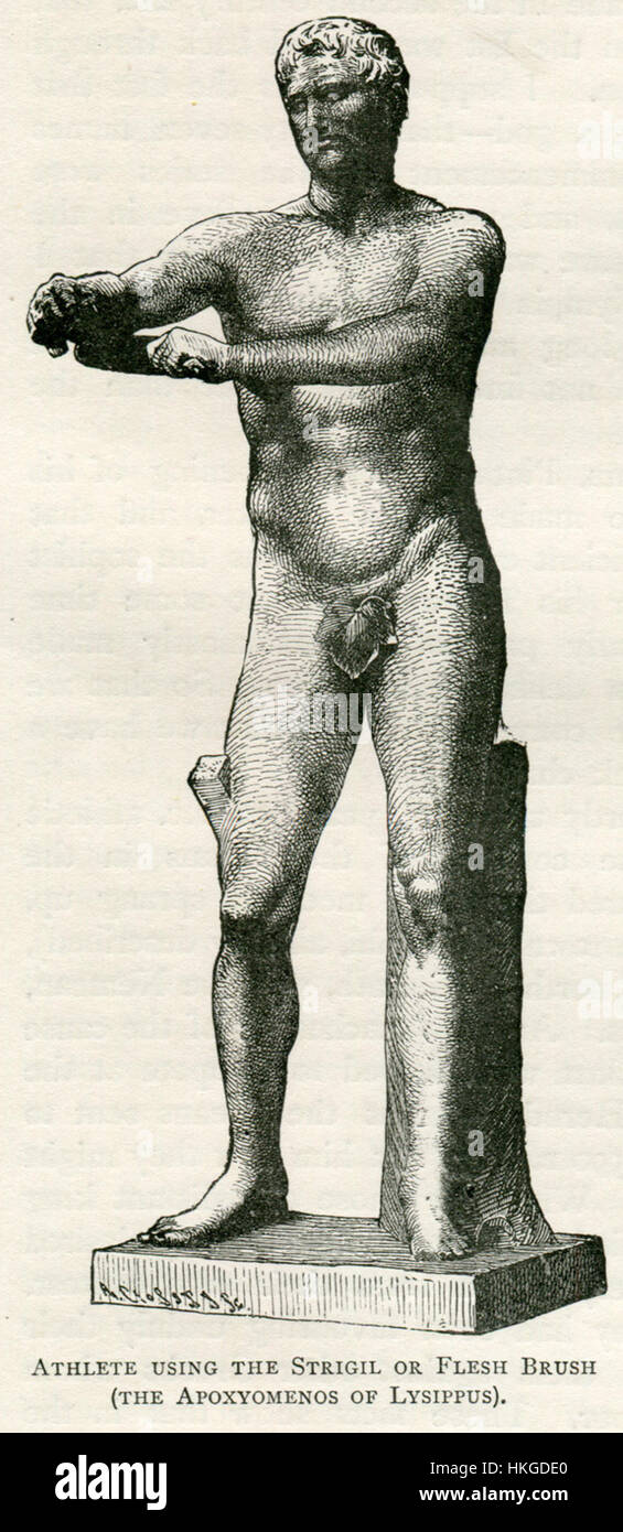 Athlete using the strigil or flesh brush (The Apoxyomenos of Lyssipus)   Mahaffy John Pentland   1890 Stock Photo
