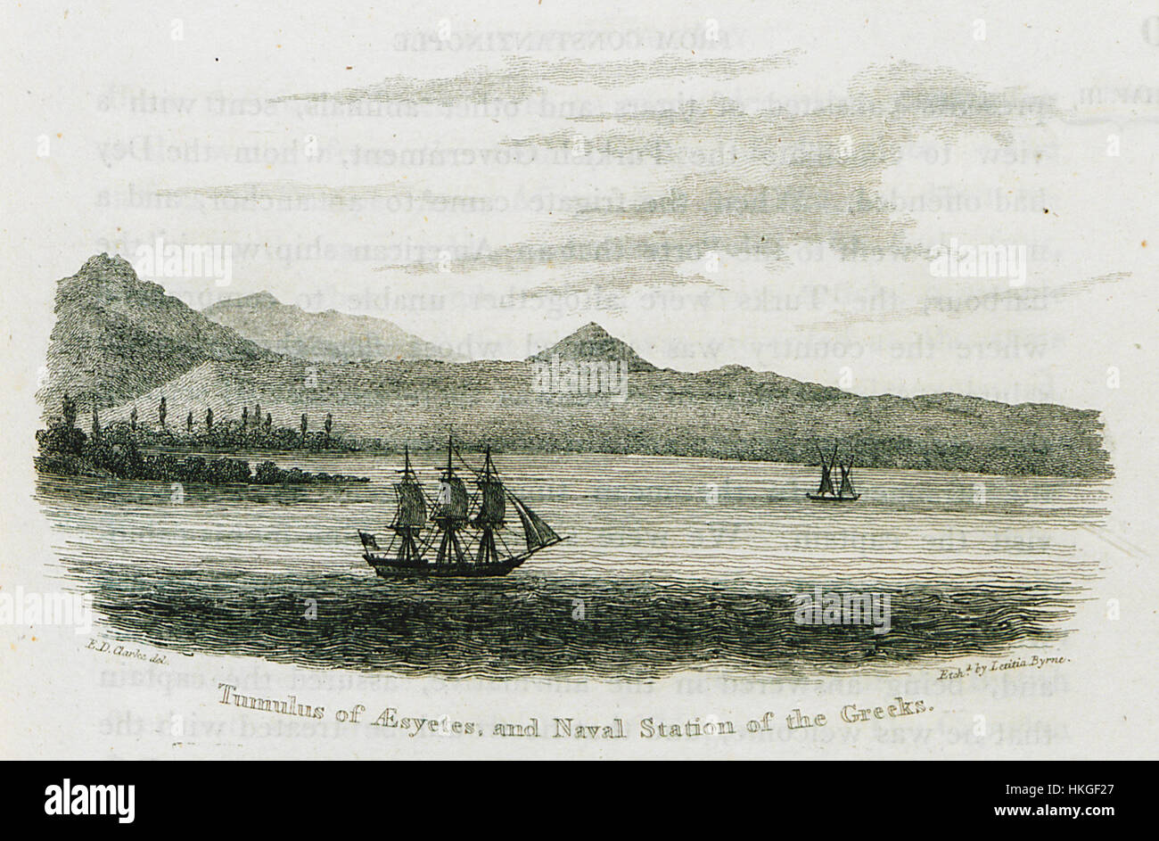 Clarke Edward Daniel’s 1824 painting 'Tumulus of Aesyetes' and 'Naval Station of the Greeks' depicts an archaeological site, focusing on an ancient tomb and the naval station in a historical context. The painting serves as a record of Greek antiquity and the way ancient naval stations were incorporated into Greek civilization. Stock Photo