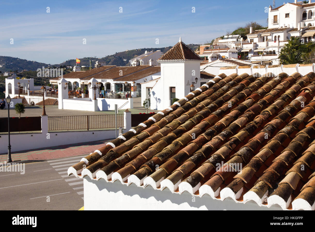 tiled roof tops on white washed buildings at Frigiliana, nr Malaga Spain. Stock Photo