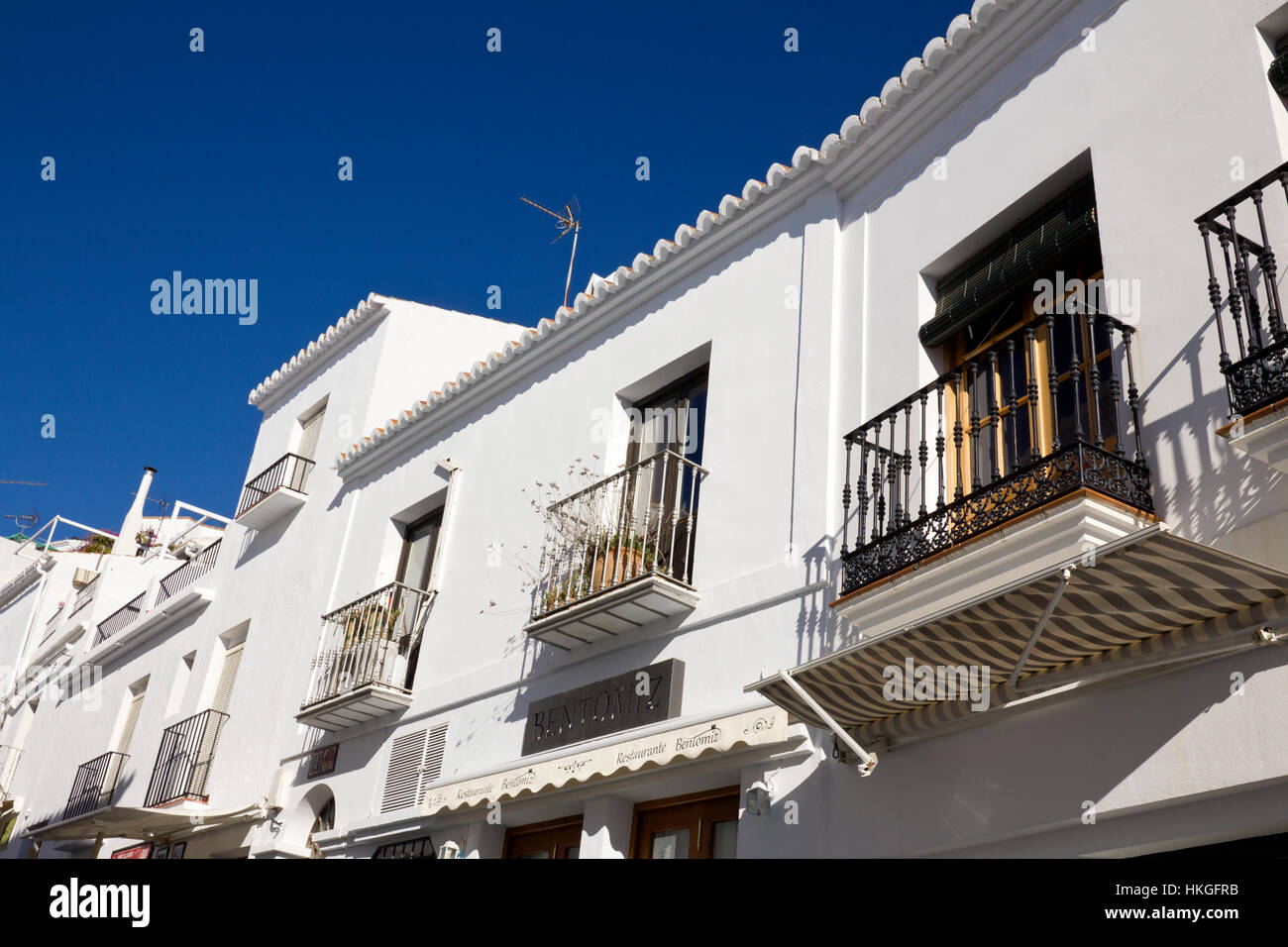 Balconies on Architecture, white washed buildings, Frigiliana, Stock Photo