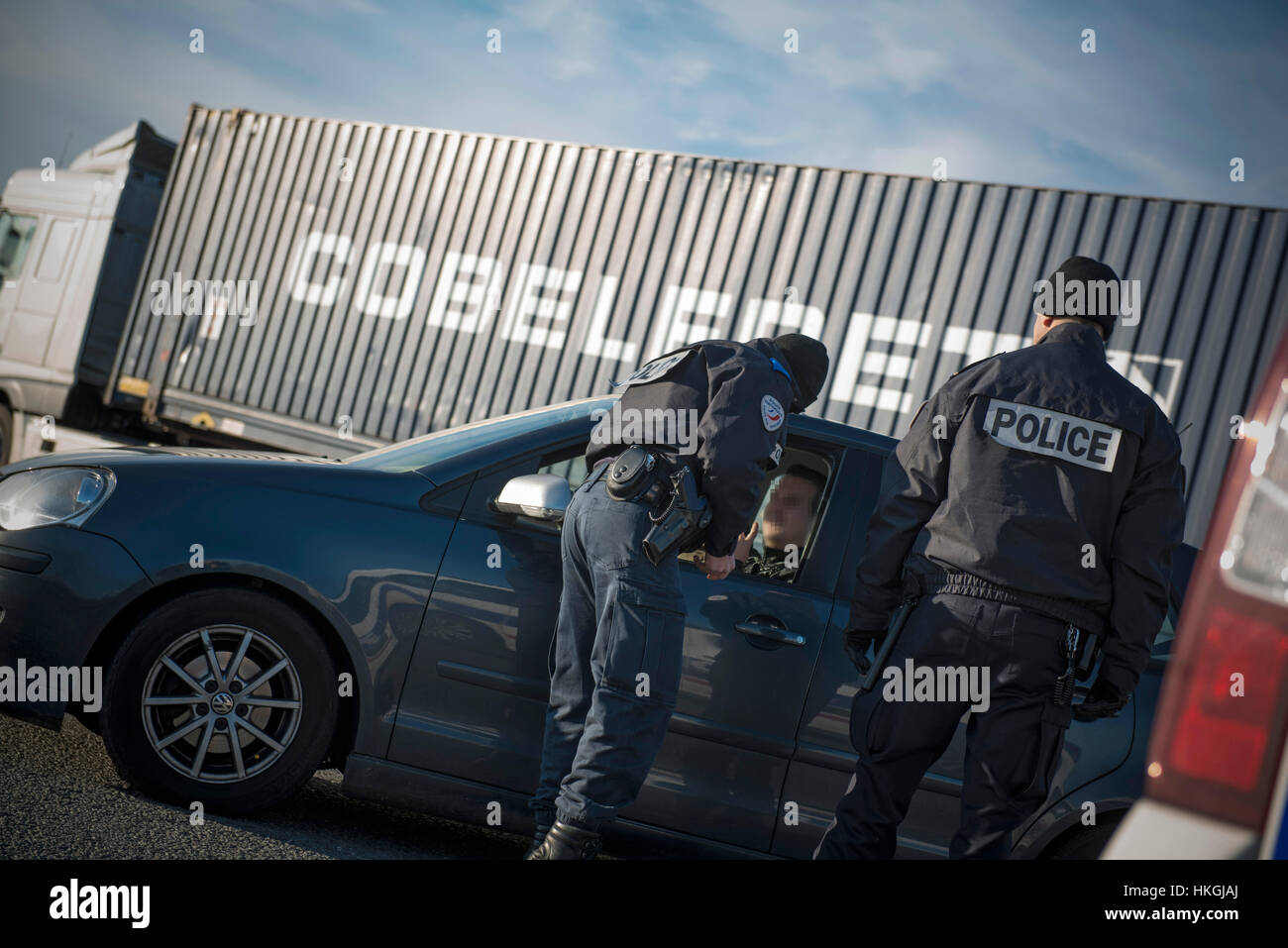 Roadside check by the French Border Police (PAF) along the highway A22 in Rekkem Stock Photo