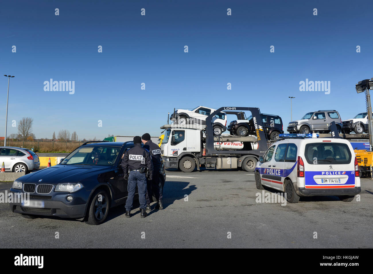 Roadside check by the French Border Police (PAF) along the highway A22 in Rekkem Stock Photo